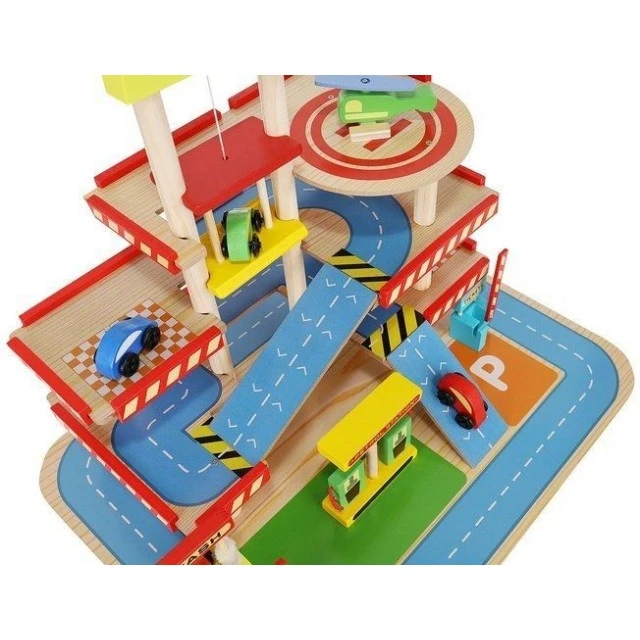 Large wooden three-story parking lot