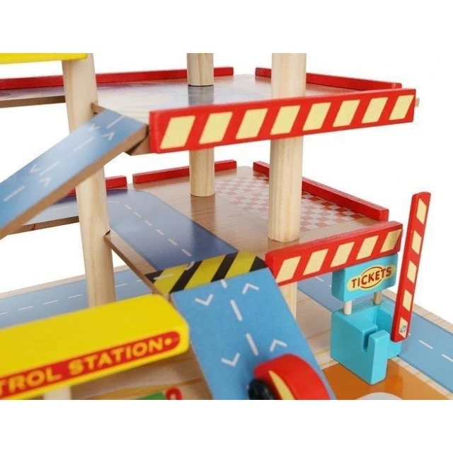 Large wooden three-story parking lot