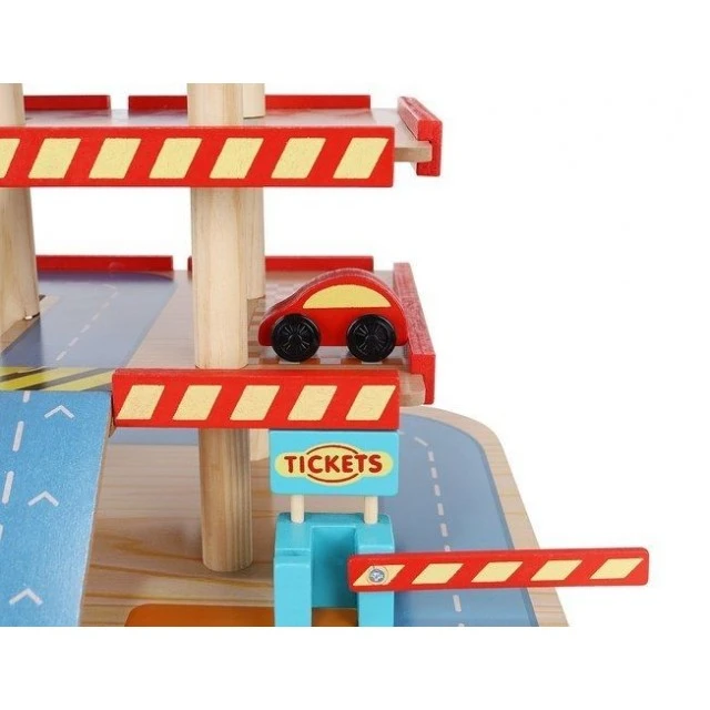 Large wooden three-story parking lot
