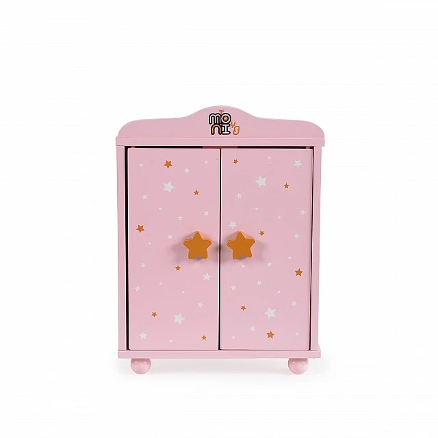 Wooden wardrobe for dolls with 3 hangers pink
