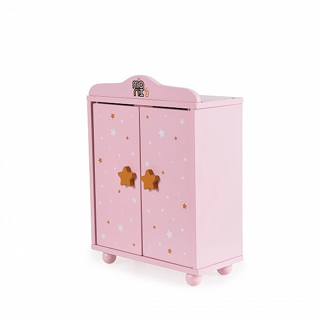 Wooden wardrobe for dolls with 3 hangers pink
