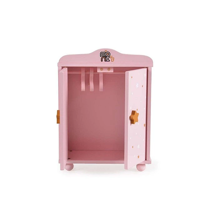 Wooden wardrobe for dolls with 3 hangers pink