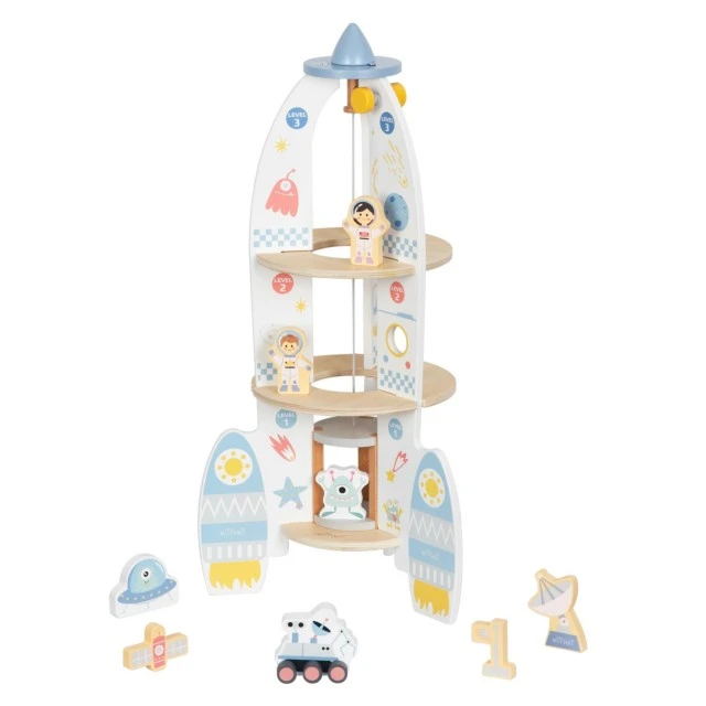 Wooden rocket with elevator and accessories Age: 2+