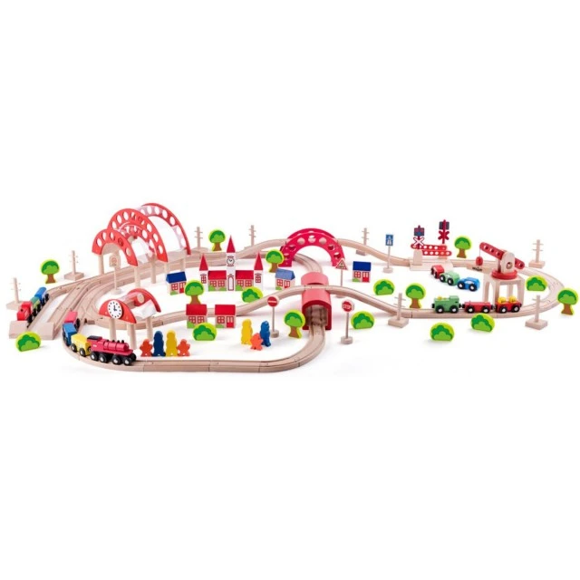 Wooden train set with rails and accessories, 130 pieces Age: 2+ Number of pieces: 130