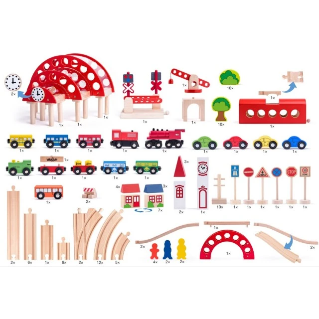 Wooden train set with rails and accessories, 130 pieces Age: 2+ Number of pieces: 130
