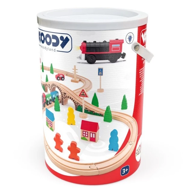 Wooden train and locomotive set with batteries in a box, 40 pieces Age: 3+ Number of pieces: 40