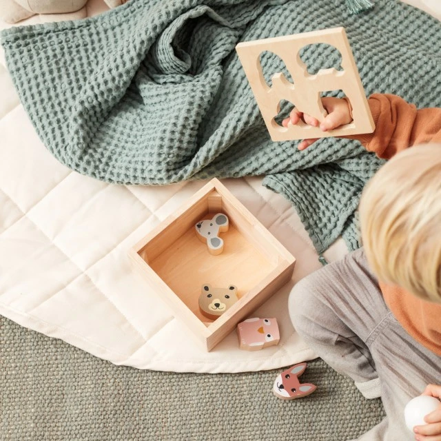 Wooden box - sorter Wild animals Swedish Design Age: 1+ Size: 15 x 15 x 8.3 cm