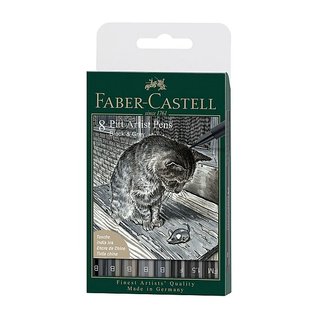 Faber-Castell Маркер-четка Pitt Artist, черно-сива, 8 броя