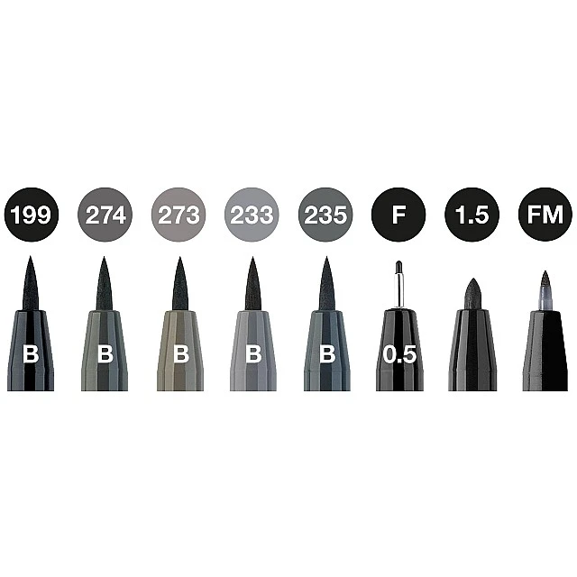 Faber-Castell Маркер-четка Pitt Artist, черно-сива, 8 броя