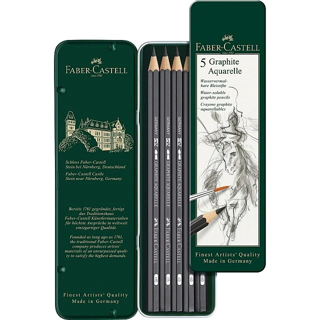 Faber-Castell Graphite Aquarelle watercolour pencils, 5 graphite pencils in metal tin