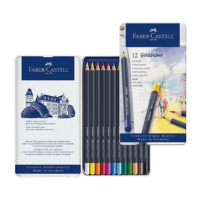 Faber-Castell Цветни моливи Goldfaber, 12 цвята, в метална кутия