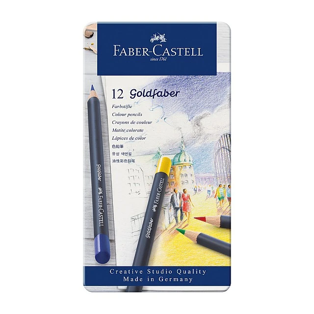 Faber-Castell Цветни моливи Goldfaber, 12 цвята, в метална кутия
