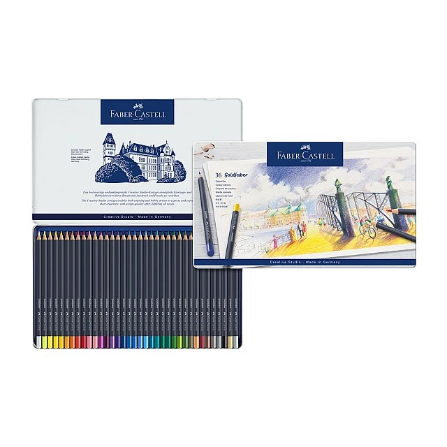 Faber-Castell Goldfaber colored pencils, 36 colors, in a metal box