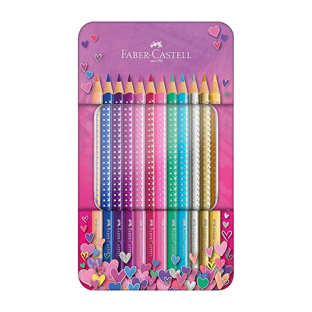 Faber-Castell Sparkle coloured pencils, 12 colours, pink metal tin