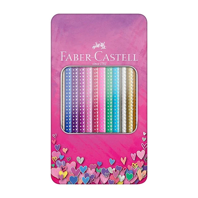 Faber-Castell Sparkle coloured pencils, 12 colours, pink metal tin