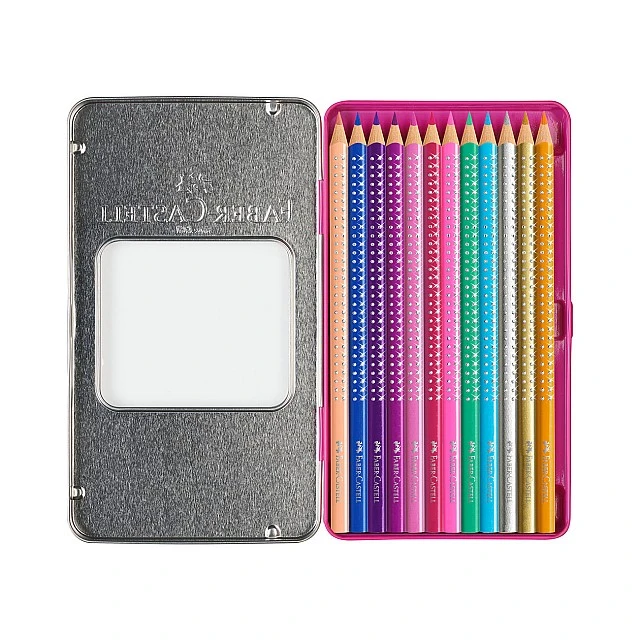 Faber-Castell Sparkle coloured pencils, 12 colours, pink metal tin