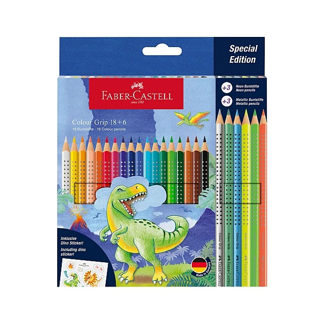 Faber-Castell Grip 2001 coloured pencils - Dinosaur, 18 standard, 3 neon and 3 metallic colours
