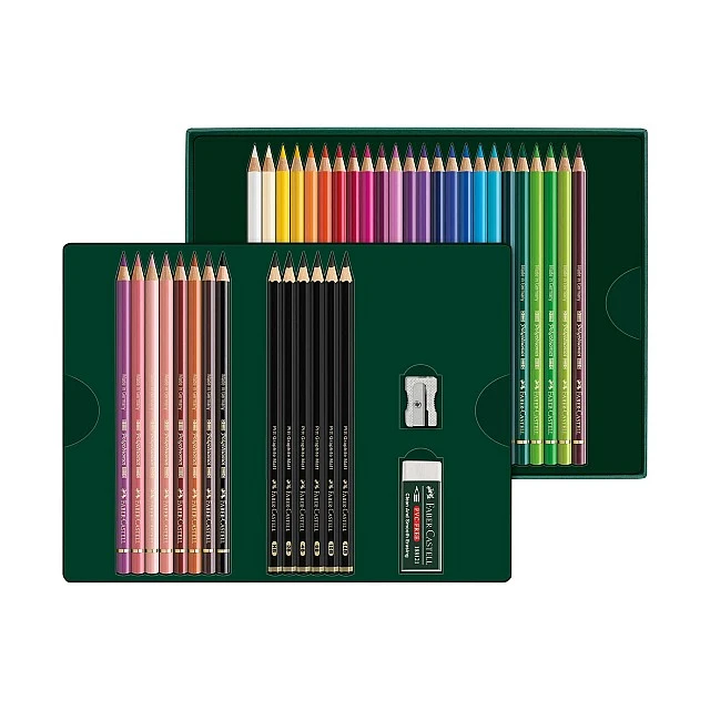 Faber-Castell Polychromos colored pencils, 36 colors and Pitt Graphite Matt black graphite pencils, 6 pieces, in a box