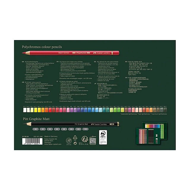 Faber-Castell Цветни моливи Polychromos, 40 цвята и чернографитни моливи Pitt Graphite Matt, 8 броя, в кутия