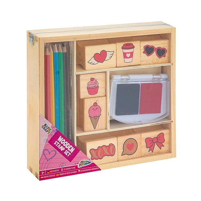 Grafix Wooden stamps and coloured pencils set in box, assorted