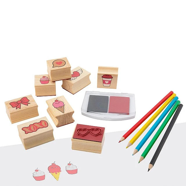 Grafix Wooden stamps and coloured pencils set in box, assorted