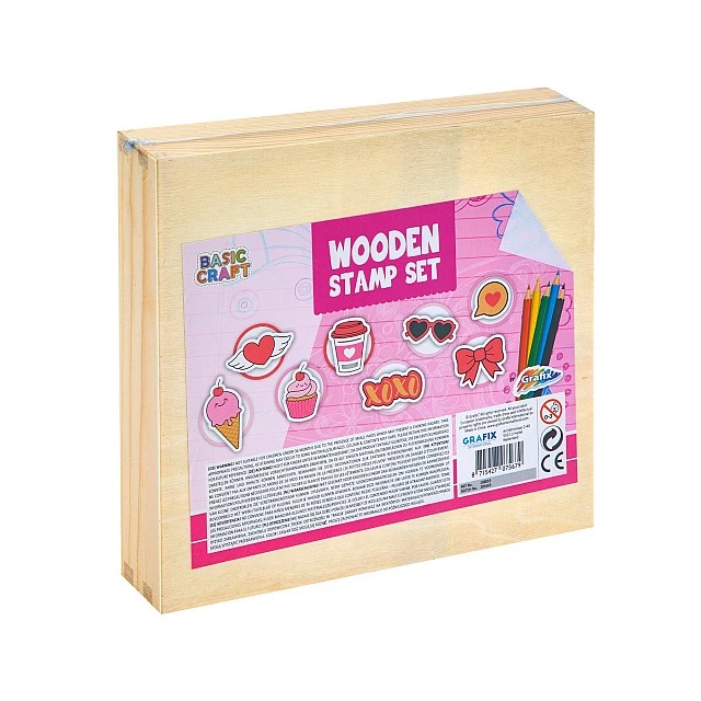 Grafix Wooden stamps and coloured pencils set in box, assorted