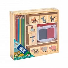 Grafix Wooden stamps and coloured pencils set in box, blue