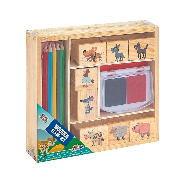 Grafix Wooden stamps and coloured pencils set in box, blue