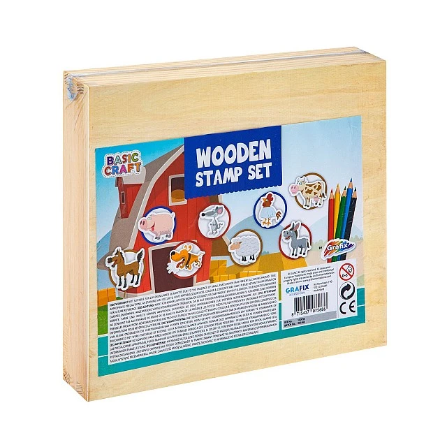 Grafix Wooden stamps and coloured pencils set in box, blue