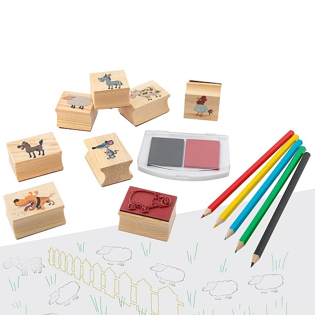 Grafix Wooden stamps and coloured pencils set in box, blue