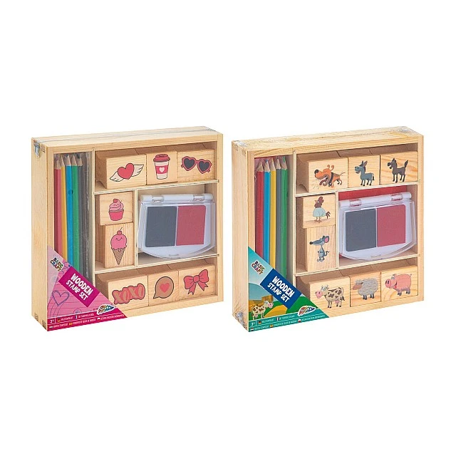 Grafix Wooden stamps and coloured pencils set in box, assorted, 36 pieces