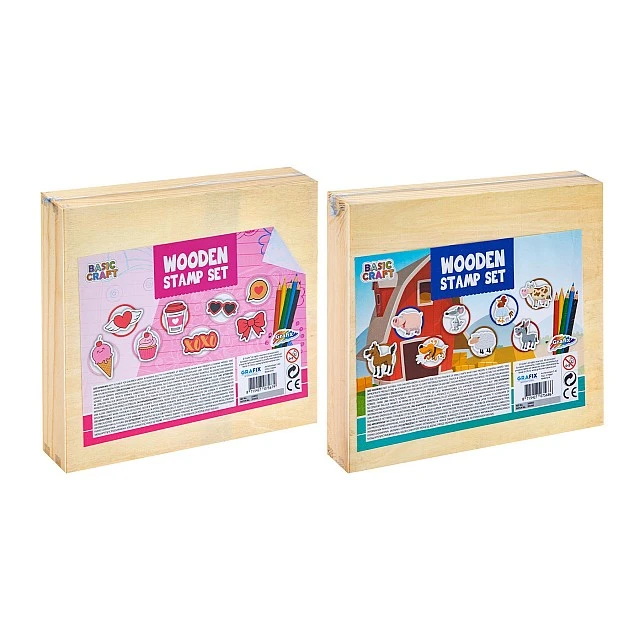Grafix Wooden stamps and coloured pencils set in box, assorted, 36 pieces