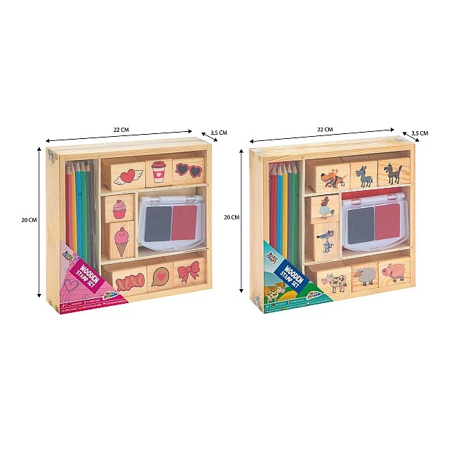Grafix Wooden stamps and coloured pencils set in box, assorted, 36 pieces