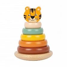 Small Foot Tiger stacking tower with threading shapes wooden