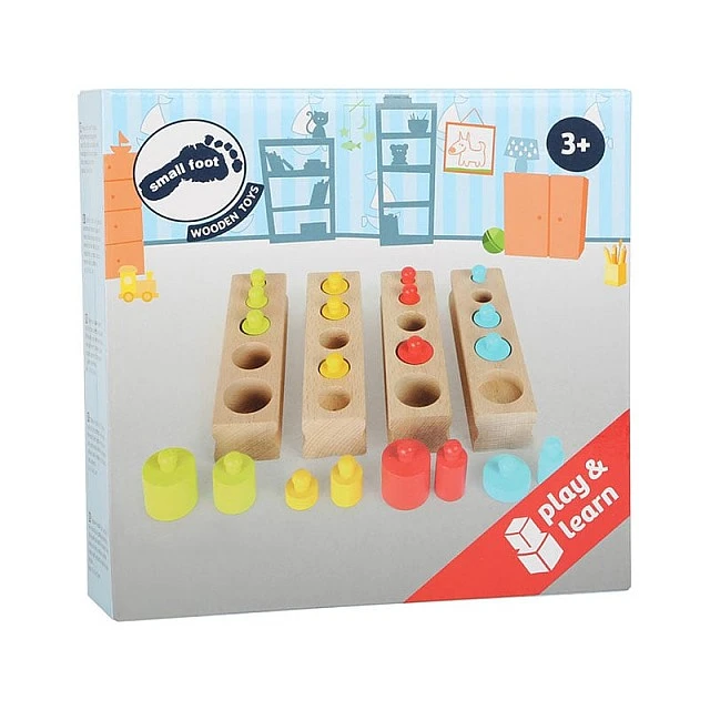 Small Foot Cylinders, wooden, colored, 15 x 16 x 3.5 cm