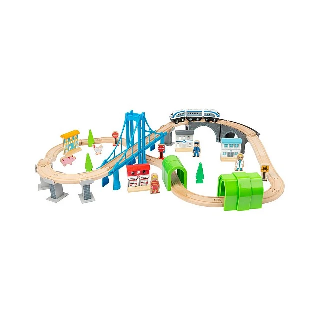 Small Foot Train, with rails and bridge, wooden, 60 pieces