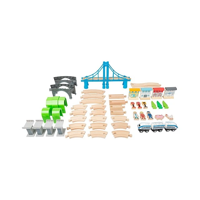 Small Foot Train, with rails and bridge, wooden, 60 pieces