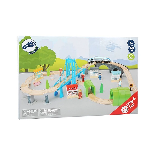 Small Foot Train, with rails and bridge, wooden, 60 pieces
