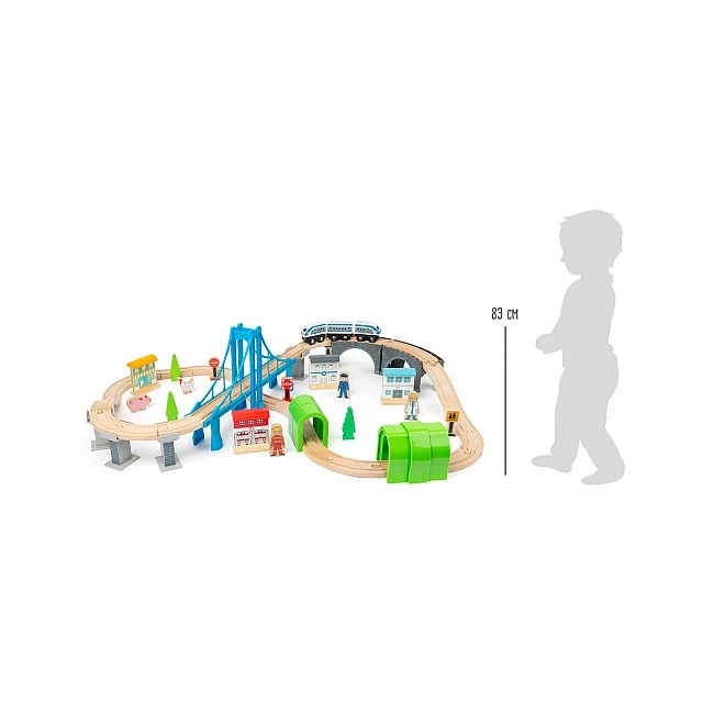 Small Foot Train, with rails and bridge, wooden, 60 pieces
