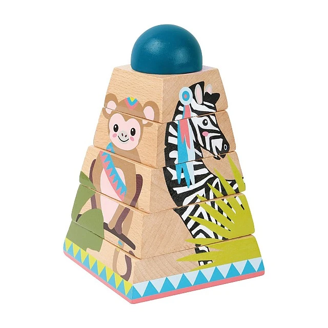 Small Foot Jungle stacking tower with threading shapes wooden, 6 pieces