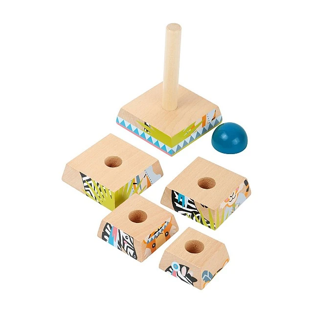 Small Foot Jungle stacking tower with threading shapes wooden, 6 pieces