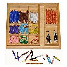 A set of Montessori counting beads, in a box