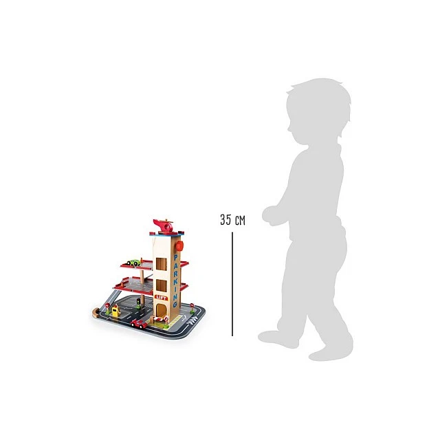 Small Foot parking garage, 3 levels and airplane track