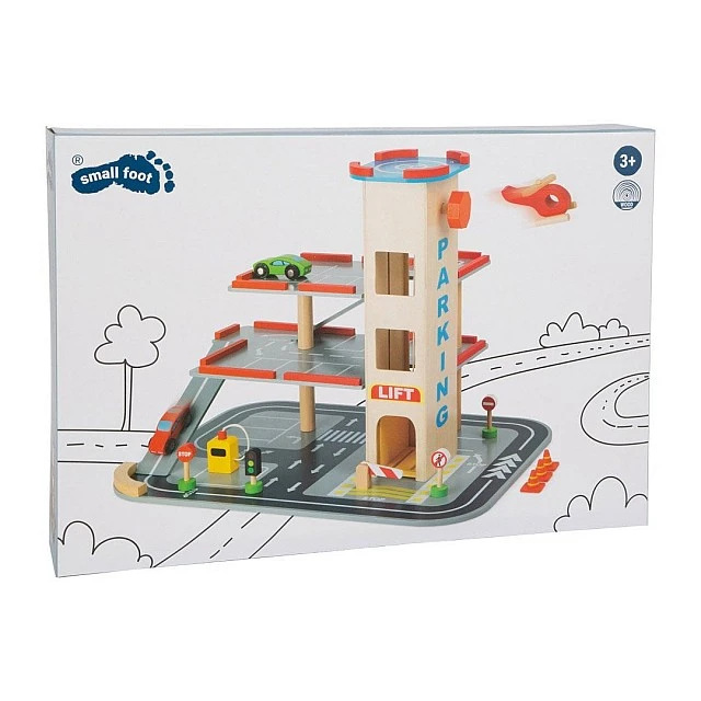 Small Foot parking garage, 3 levels and airplane track