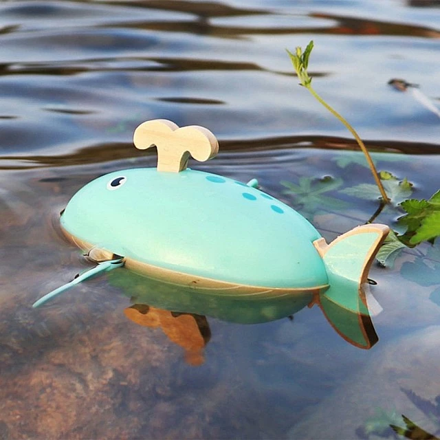 Small Foot Whale toy, wind up, for water, wooden
