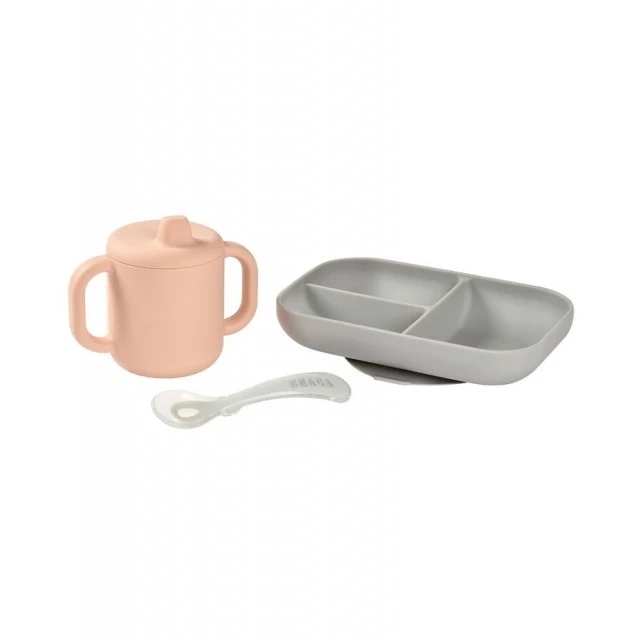Silicone baby feeding set in three parts, pink