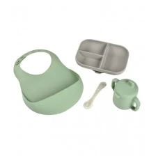 Feeding set with cup and bib - gray / sage green