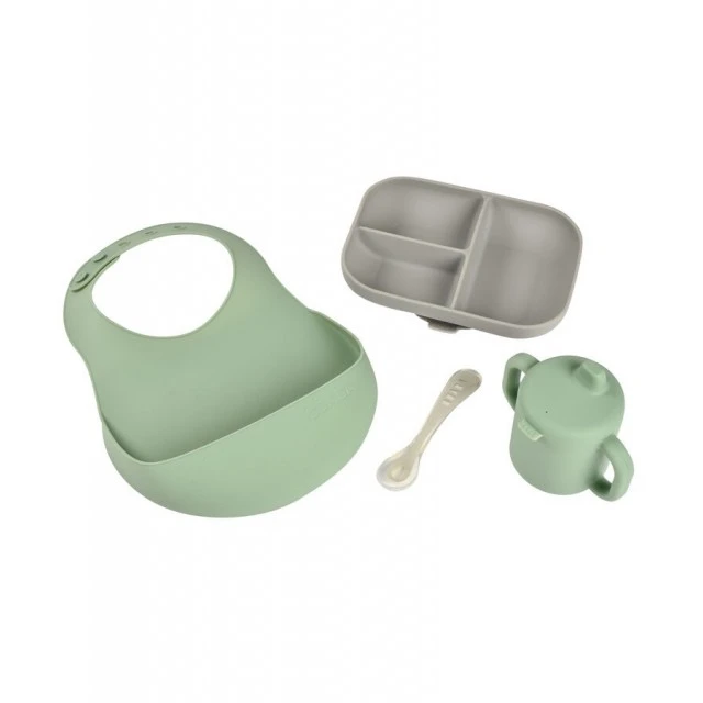 Комплект за хранене с чашка и лигавник - grey / sage green