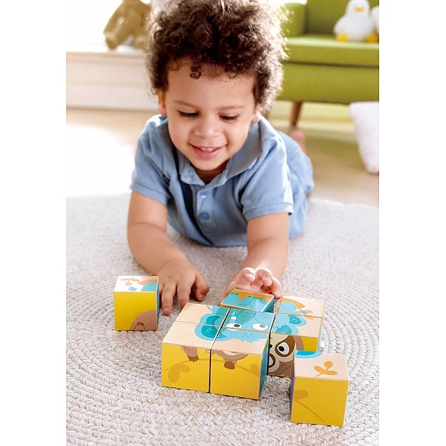 Дървен пъзел с кубчета, Hape, Диви животни, 9 части