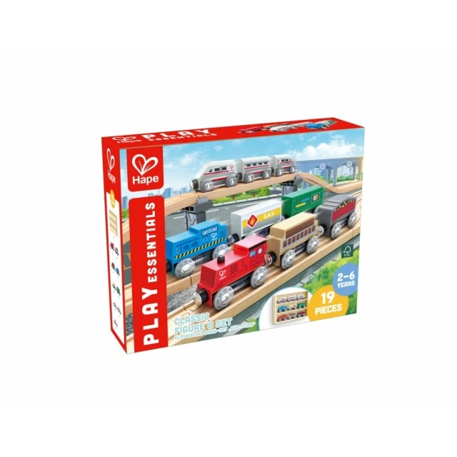 Childrens play set Shelf with wooden trains, 19 parts